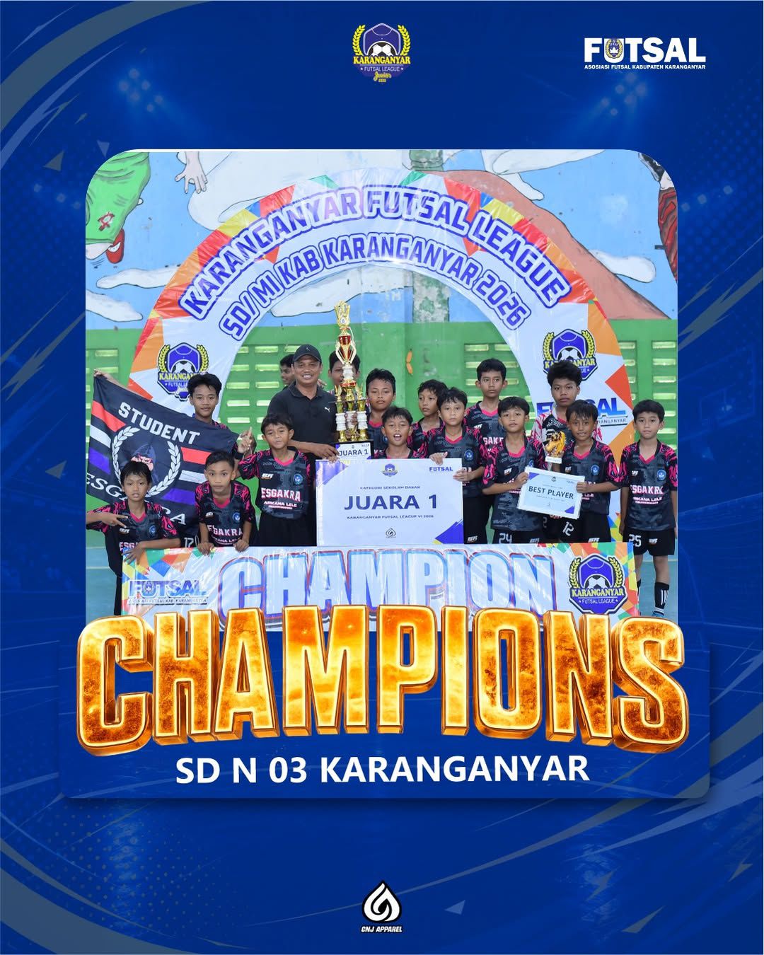KARANGANYAR – Tim Futsal SDN 03 Karanganyar sukses menyabet gelar Juara I dalam kompetisi bergengsi Karanganyar Futsal League tingkat SD/MI 2026.