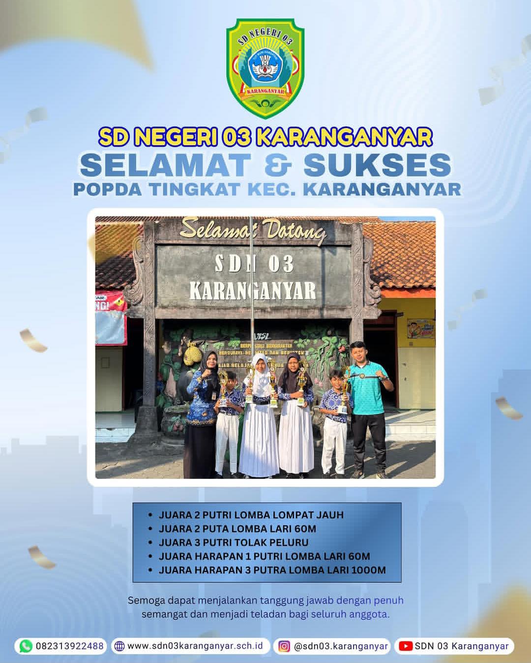 KARANGANYAR – Kontingen atlet SDN 03 Karanganyar sukses memborong sejumlah podium juara atletik