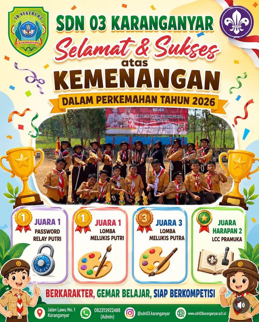 SDN 03 Karanganyar Boyong 4 Piala pada Perkemahan HUT Pramuka ke-65 di Cakra Pahlawasri