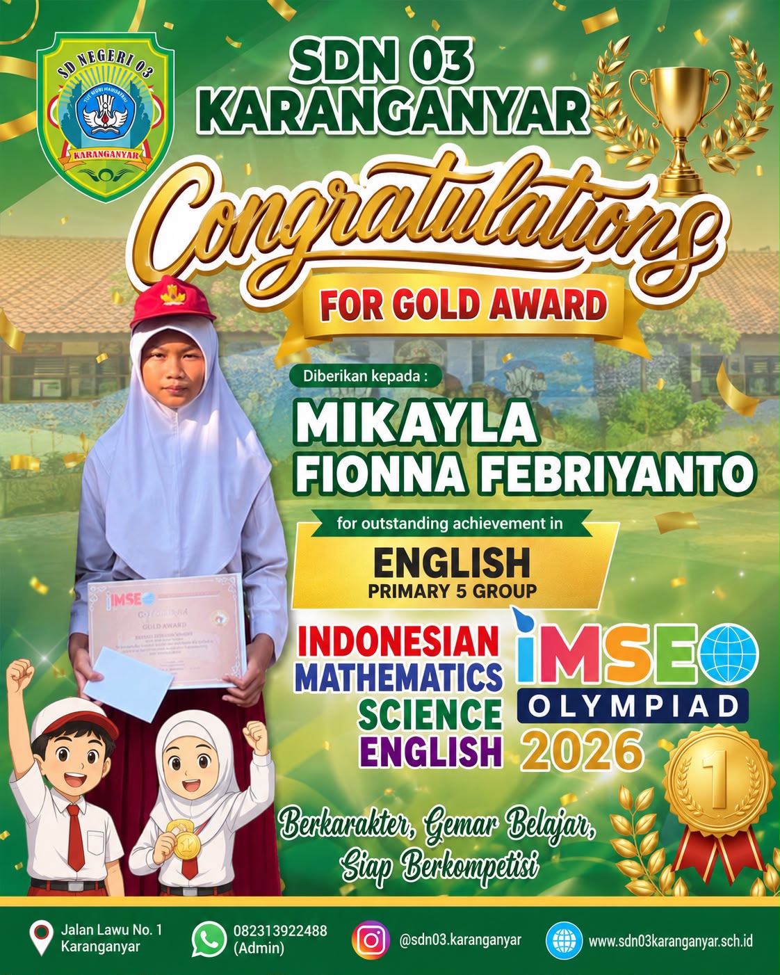 Siswa SDN 03 Karanganyar Raih Gold Award di Ajang Olimpiade Nasional IMSEO 2026 Tingkat Kabupaten Karanganyar
