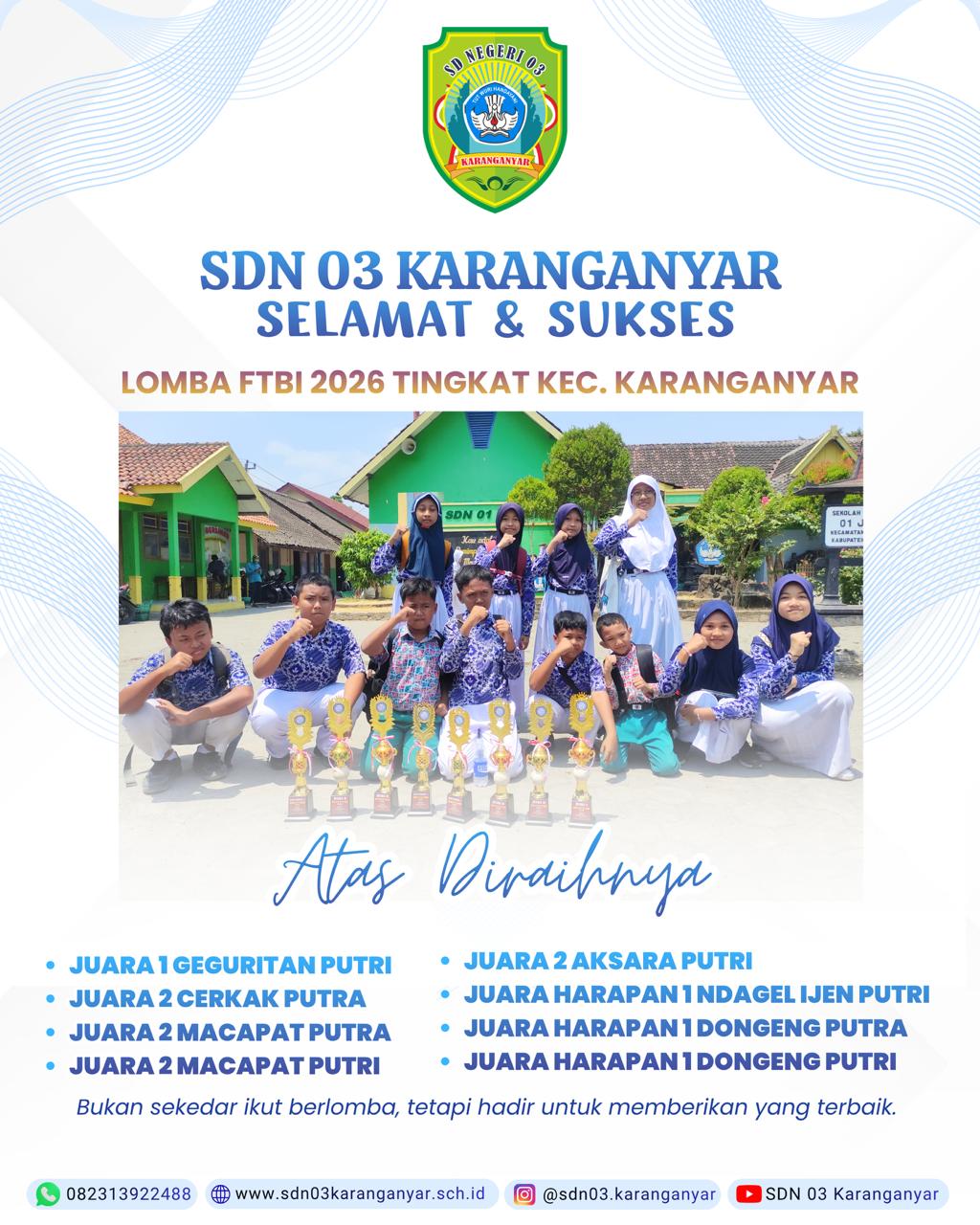 Borong Piala! SDN 03 Karanganyar Raih Prestasi Gemilang di FTBI 2026 Tingkat Kecamatan